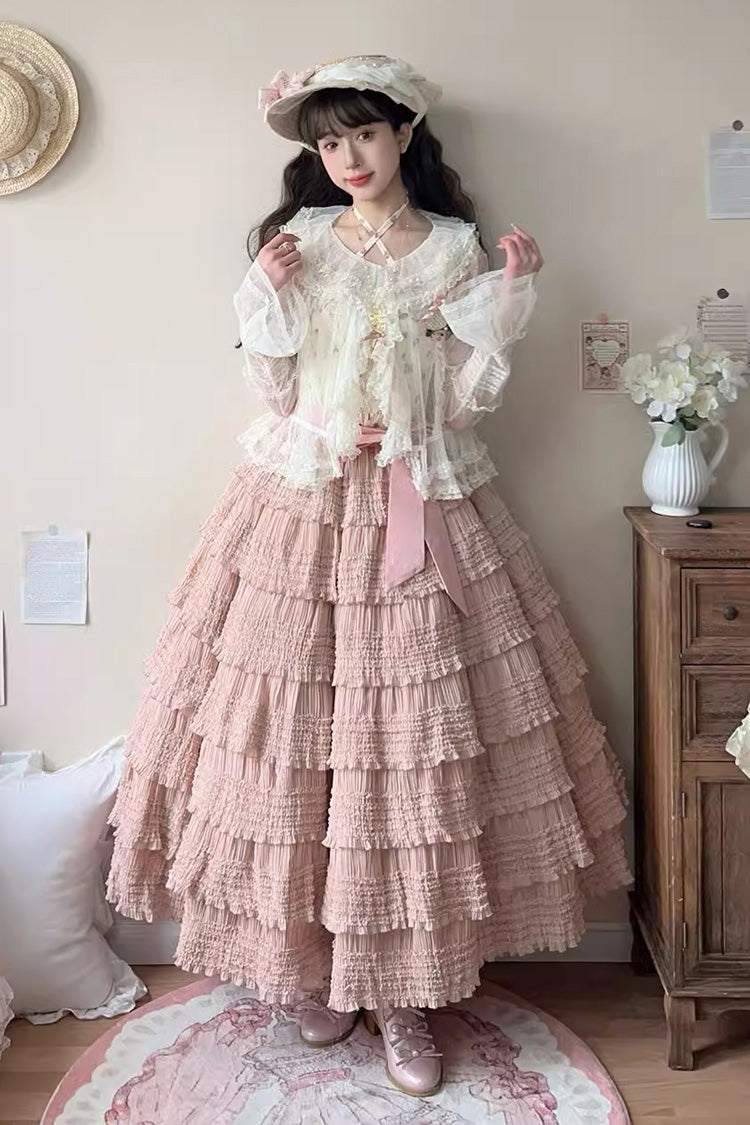 Cat Rose Tea Multi-layer Ruffle Sweet Lolita Skirt 3 Colors - Pink - 1
