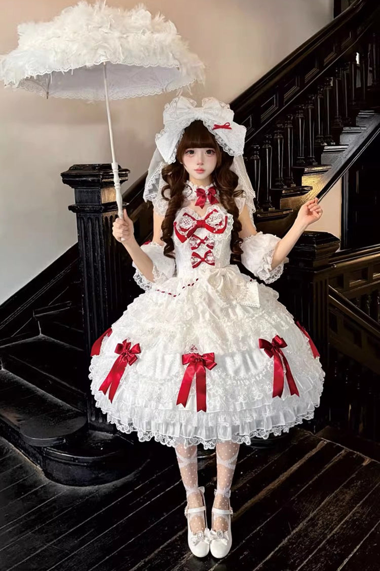 White [Dream of the Misty Moon] Sleeveless Multi-Layered Ruffled Bow Lace Pearl-Decorated Sweet Princess Lolita Jsk Dress - Product - 6
