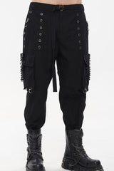 Black Punk Tatting Multi-Pocket Metal Chain Cargo Men's Pants - Product - 1