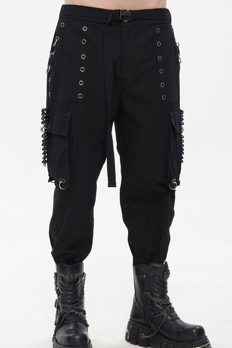 Black Punk Tatting Multi-Pocket Metal Chain Cargo Men's Pants - Product - 1
