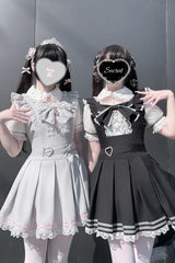 [Pearl Letter] Lapel Collar Short Sleeves Ruffled Bow Lace Jirai Kei Japanese Dress 2 Colors - Product - 2
