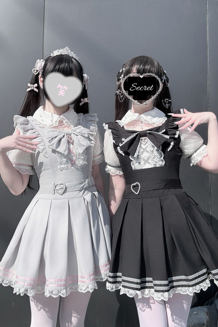 [Pearl Letter] Lapel Collar Short Sleeves Ruffled Bow Lace Jirai Kei Japanese Dress 2 Colors - Product - 2