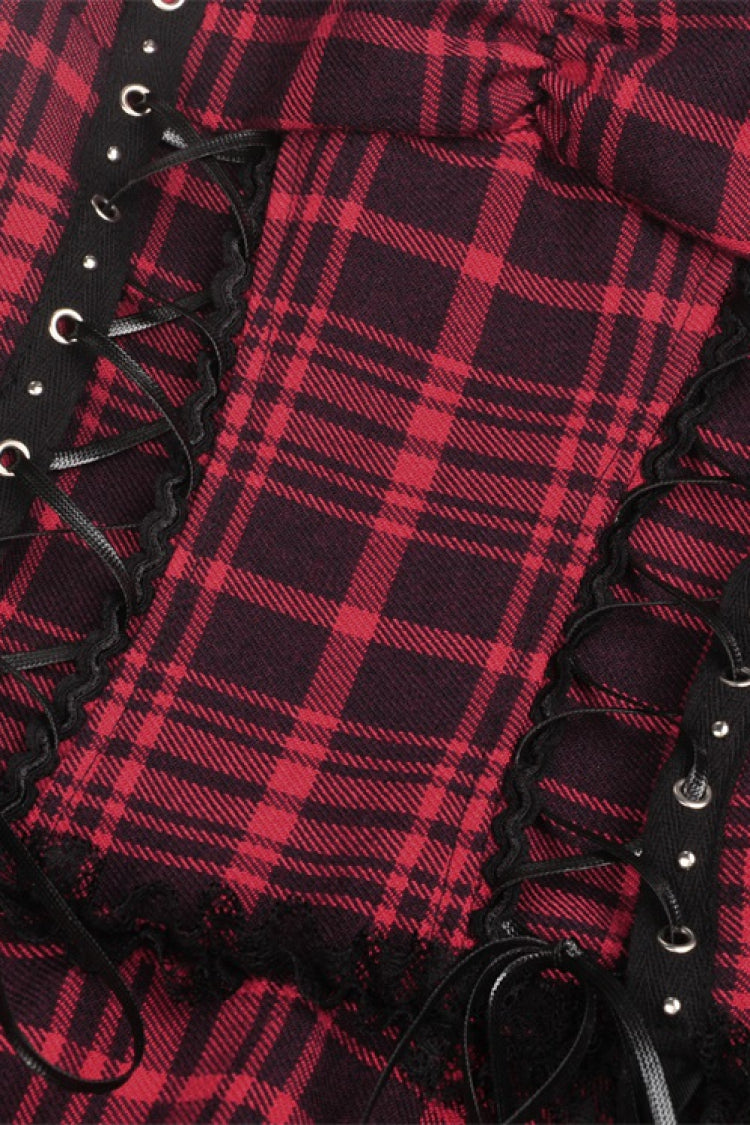 Red Sleeveless Hem Plaid Layered Lace Women's Punk Mini Strap Dress - Product - 16