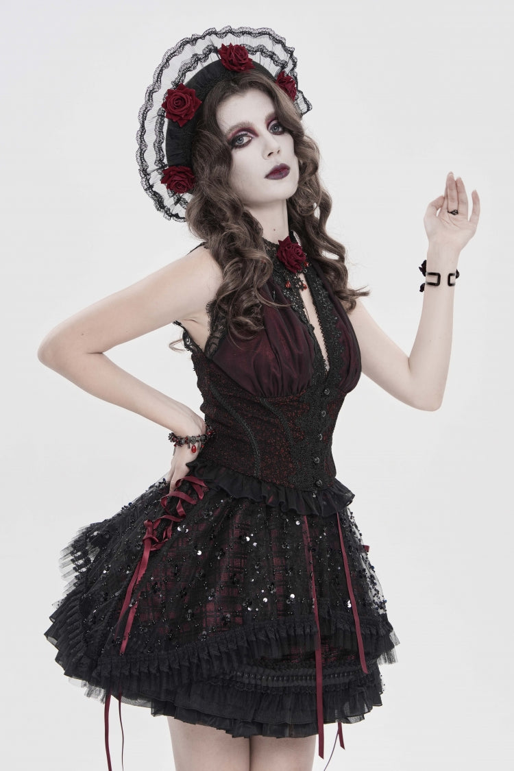 Black/Red Off Shoulder Double-Layered Embroidered Lace Lace-Up Slim Women's Gothic Vest - Product - 12