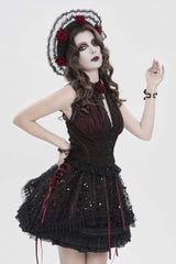 Black/Red Off Shoulder Double-Layered Embroidered Lace Lace-Up Slim Women's Gothic Vest - Product - 12