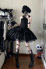Black [Silver Moon Thorn] Off Shoulder Sleeveless Jacquard Ruffled Bow Patchwork Lace Gothic Lolita Skirt Two-piece Set - Product - 11