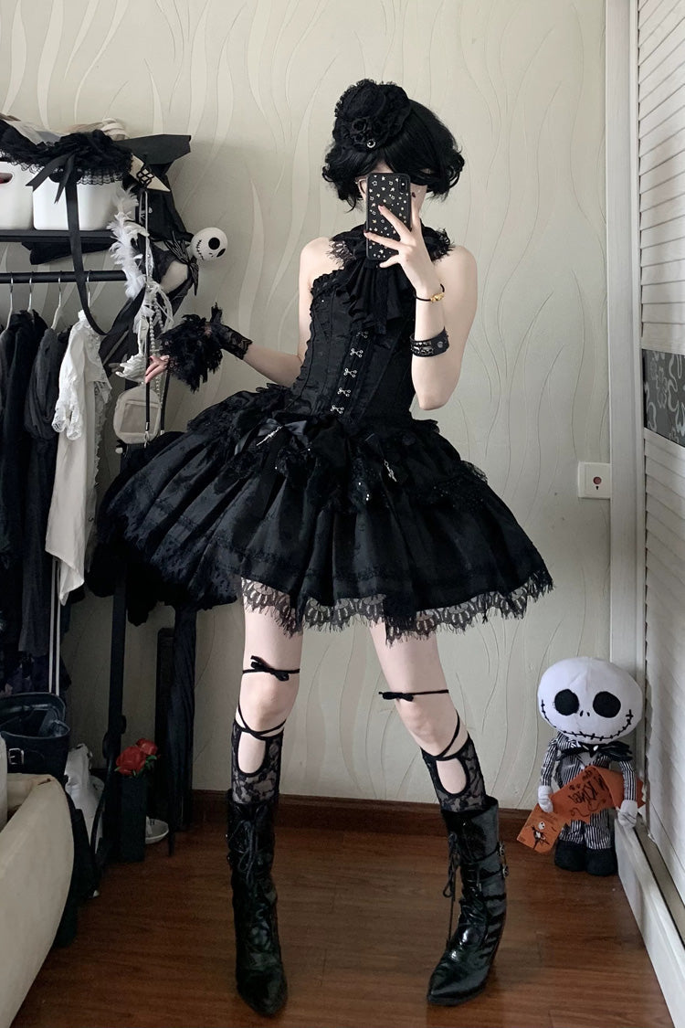 Black [Silver Moon Thorn] Off Shoulder Sleeveless Jacquard Ruffled Bow Patchwork Lace Gothic Lolita Skirt Two-piece Set - Product - 11