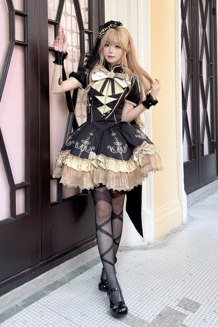 Black [Gilded Oath] Short Sleeves Double-Layered Ruffle Embroidery Bow Gothic Lolita Dress detail view 7