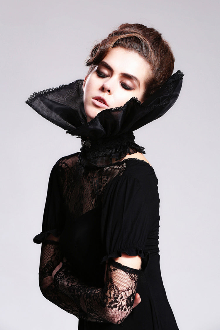 Black Organza Lace Velveteen Women's Gothic Stand Up Collar - Product - 2