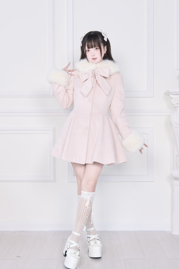 Pink Plush Collar Long Sleeves Bowknot Japanese Sweet Lolita Coat - Product - 6