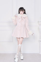 Pink Plush Collar Long Sleeves Bowknot Japanese Sweet Lolita Coat - Product - 6