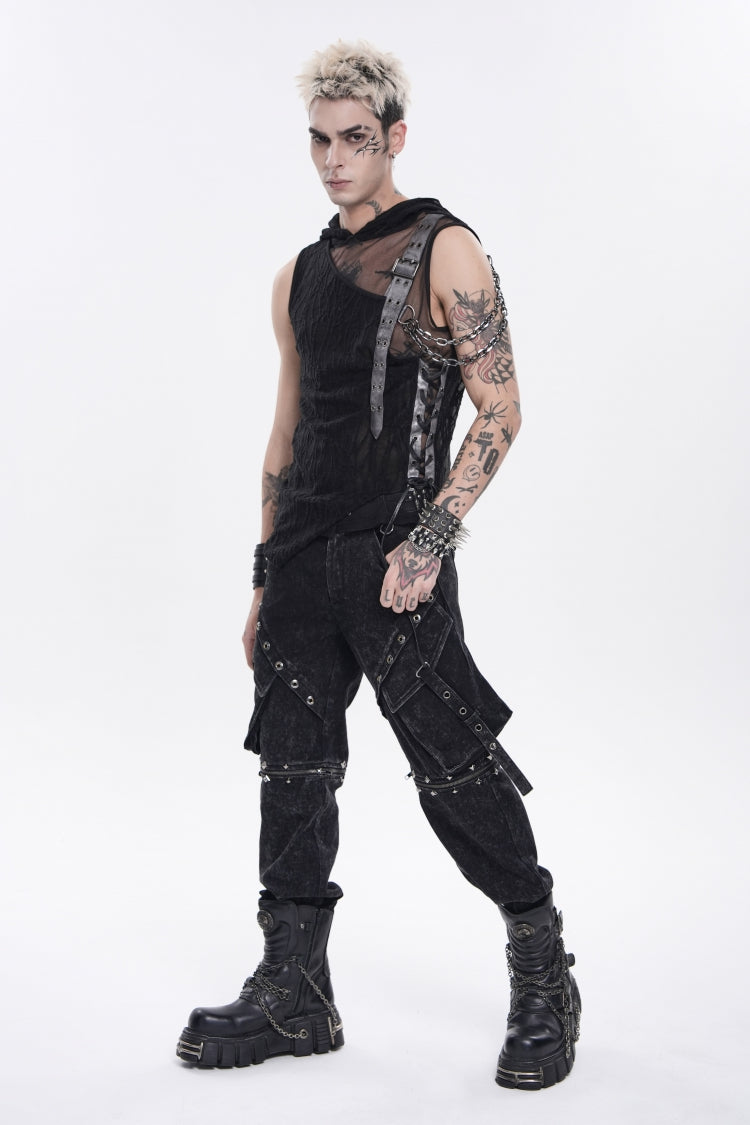 Black Hooded Sheer Asymmetric Chain-Decorated Men's Punk Hooded Vest - Product - 9