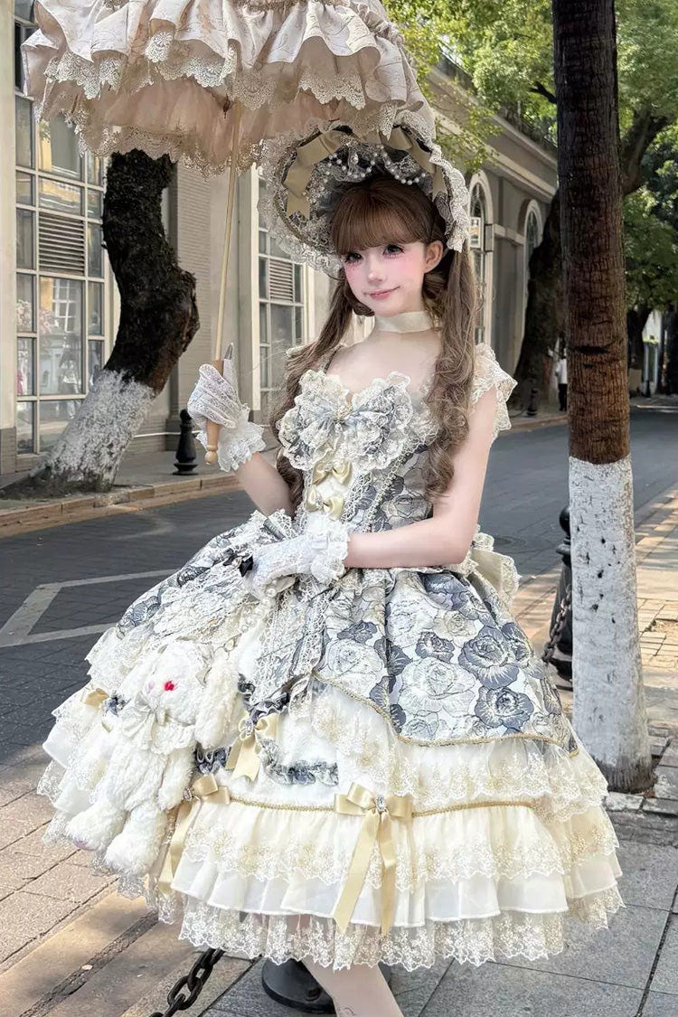 ブラック [Gilded Waltz] スクエアカラー ノースリーブ プリント フリル 刺繍 リボン レース 華やか スウィートロリータ ジャンパースカート（JSK） 商品画像