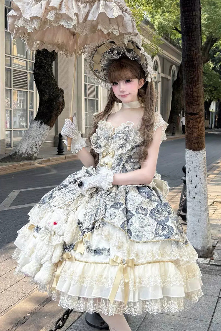 ブラック [Gilded Waltz] スクエアカラー ノースリーブ プリント フリル 刺繍 リボン レース 華やか スウィートロリータ ジャンパースカート（JSK） 商品画像