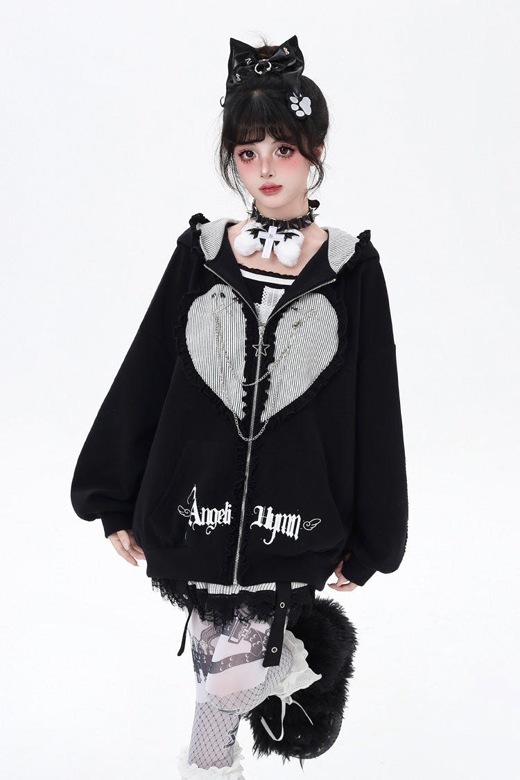 [Striped Bunny Ears] Long Sleeves Heart Print Embroidery Hooded Zipper Sweet Jirai Kei Cool Lolita Coat 2 Colors - Black - 1