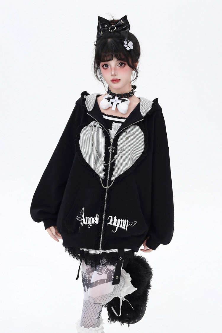 [Striped Bunny Ears] Long Sleeves Heart Print Embroidery Hooded Zipper Sweet Jirai Kei Cool Lolita Coat 2 Colors - Black - 1
