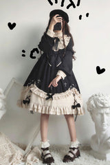 Black Round Collar Chest Bow Cross Print Ruffled Sweet Lolita Op Dress - Product - 5