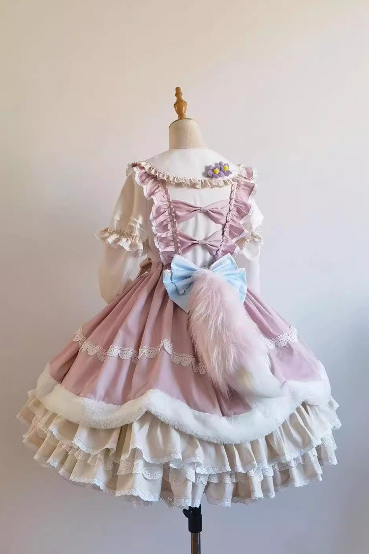 White/Pink Little Fox Multi-layer Ruffle Bowknot Long Sleeves Sweet Lolita Dress - Product - 5
