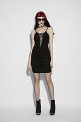 Black Off Shoulder Cut-Out Lace-Up Slim Pleated Women's Gothic Strap Dress Graduation Dress - Product - 6