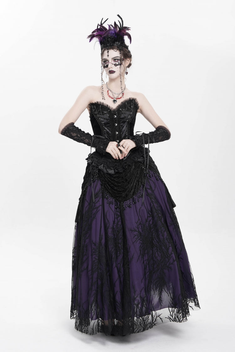 Black/Purple Floral Embroidered Beaded Women's Gothic Long Skirt - Product - 11