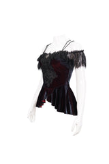 Red Stretch Velvet Eyelash Lace Short-Sleeved One-Shoulder Women's Gothic Strap T-Shirt - Product - 8
