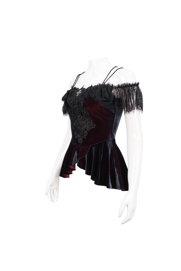 Red Stretch Velvet Eyelash Lace Short-Sleeved One-Shoulder Women's Gothic Strap T-Shirt - Product - 8