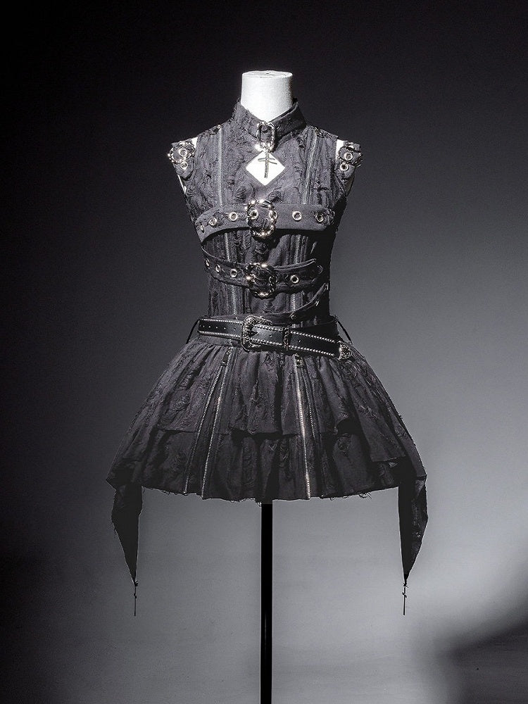 Black Gothic Metal Button Accent Asymmetric Hem Lolita Sleeveless Dress with Belt Set - view 3