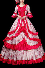 Floral Print Half Sleeves Stitching Ruffled Multi-Layer Victorian Lolita Prom Dress - Rose Red - 1