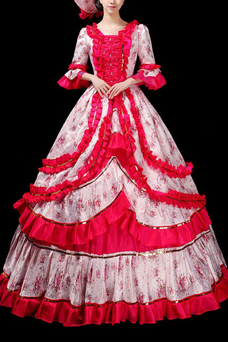 Floral Print Half Sleeves Stitching Ruffled Multi-Layer Victorian Lolita Prom Dress - Rose Red - 1