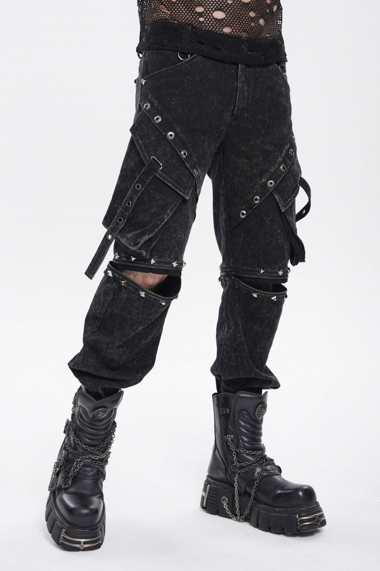 Black Spliced Detachable Studded Eyelet Men's Punk Cool Pants With Big Pockets - Product - 10