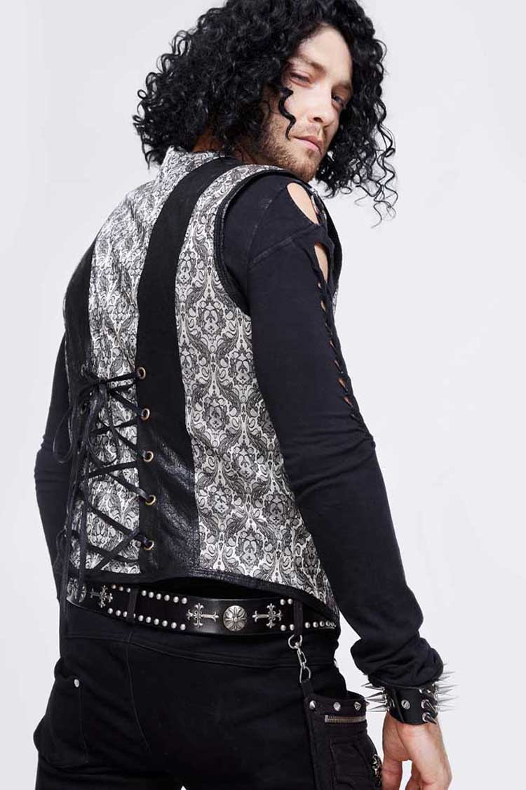 Silver Back Lace Up Jacquard Splice Chest Loop Men's Punk Waistcoat - Product - 5