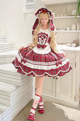 Red [Gingham Petal Bunny] Short Sleeves Printed Ruffled Bow Sweet Lolita OP Dress - Product - 4