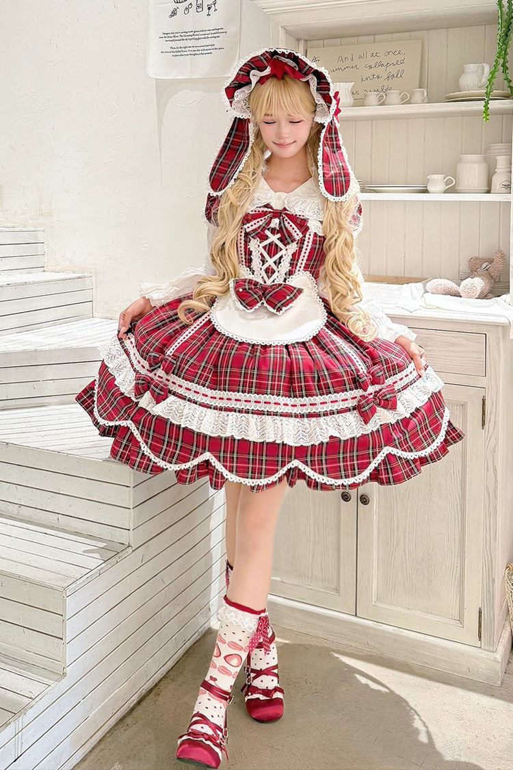 Red [Gingham Petal Bunny] Short Sleeves Printed Ruffled Bow Sweet Lolita OP Dress - Product - 4