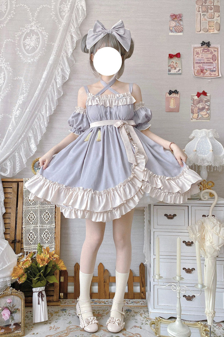 Grey [Monet Estate] Sleeveless High Waisted Ruffle Bowknot Asymmetric Sweet Lolita Jsk Dress - Product - 7