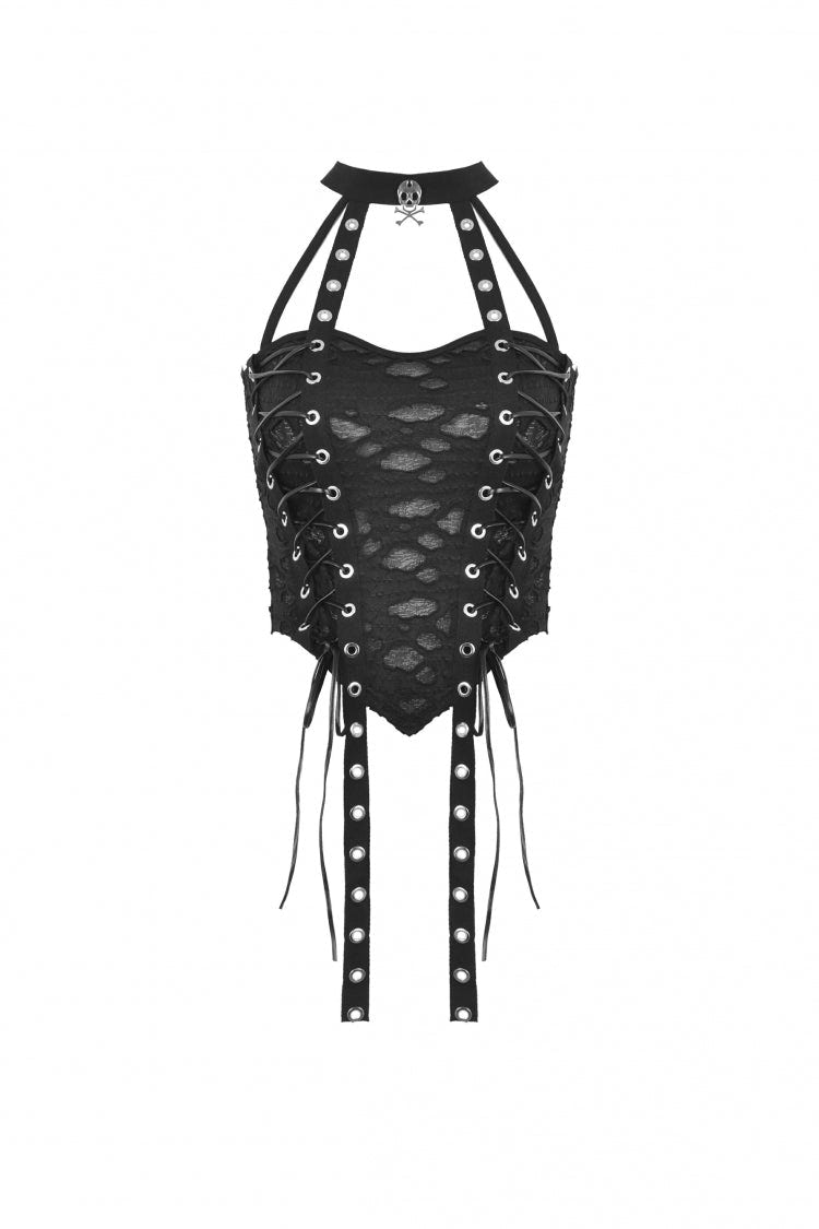 Black Halterneck Eyelet Lace-Up Ripped Women's Punk Tank Top - Product - 3