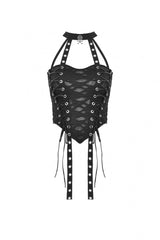 Black Halterneck Eyelet Lace-Up Ripped Women's Punk Tank Top - Product - 3