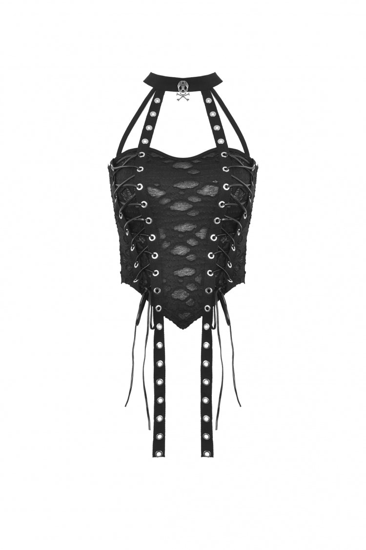 Black Halterneck Eyelet Lace-Up Ripped Women's Punk Tank Top - Product - 3