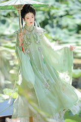 Green [Emerald Fantasy] Ming Dynasty Round Collar Long Sleeves Print Embroidery Sweet Hanfu Dress Set - Product - 4