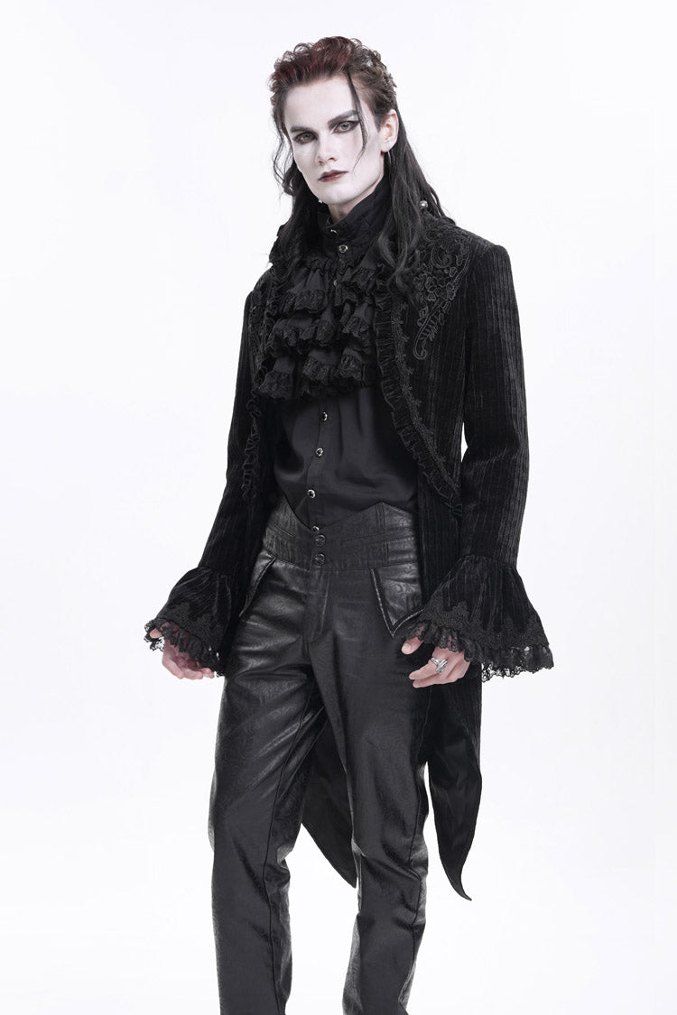 Black Stand Collar Swallow-tailed Long Sleeves Lace Men's Gothic Jacket - Product - 6