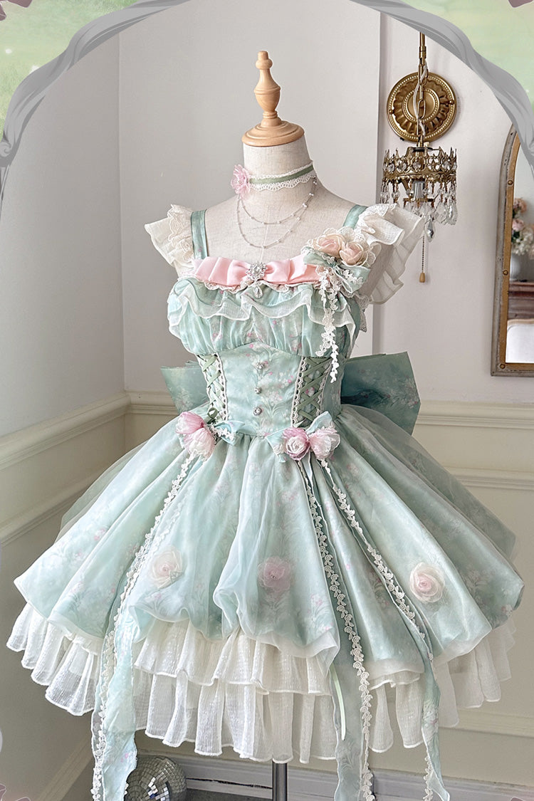 Green Flower Fairy Forest Garden Print Ruffle Bow Lace Sweet Lolita Dress front view