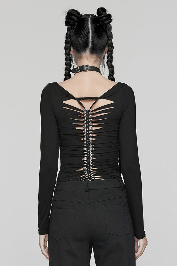 Black Long Sleeves Skeleton Print Women's Gothic T-Shirt - Product - 3
