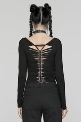 Black Long Sleeves Skeleton Print Women's Gothic T-Shirt - Product - 3