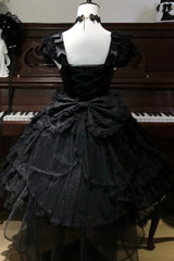 Black [Featherlight Slumber] Square Collar Sleeveless Multi-Layered Bow Lace Pearl-Decorated Gothic Lolita Jsk Dress - Product - 4