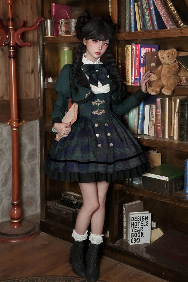 Blue/Green [Berlin's letter] Double-Layered Plaid Print Ruffle Bowknot Classic College Style Lolita Strap Dress Set 2 Versions - Product - 19
