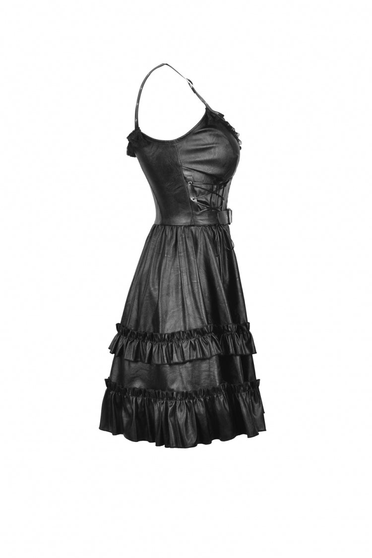 Black Sleeveless Layered Buckled Zippered Women's Gothic Faux Leather Strap Dress - Product - 12