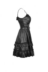 Black Sleeveless Layered Buckled Zippered Women's Gothic Faux Leather Strap Dress - Product - 12