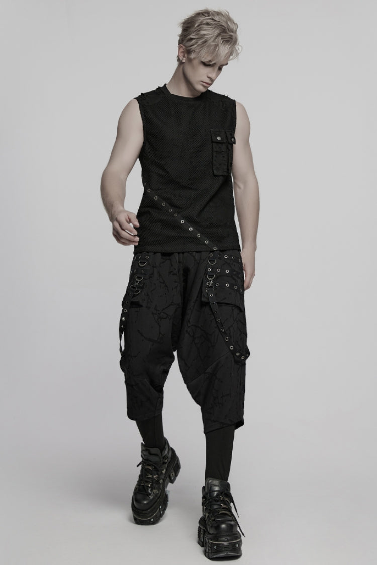 Black Tie-dyed Sagging Men's Punk Pants with Staps - Product - 4