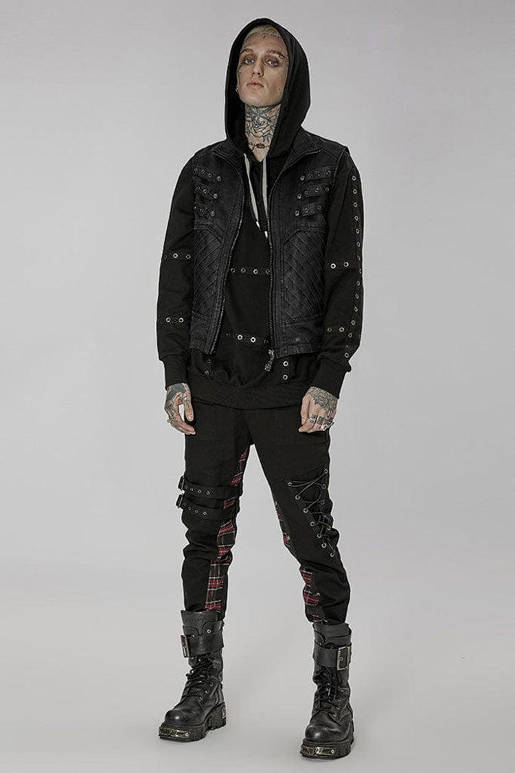 Black Punk Apocalyptic Stand Collar Twill Metal Skull Zip Men's Vest - Product - 4