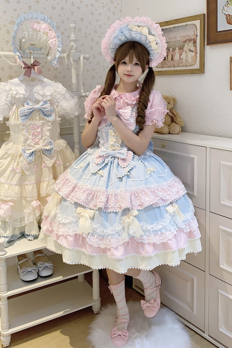 Blue/Pink [Fondant Cake] Sleeveless Multi-Layered Ruffle Bowknot Lace Sweet Lolita Jsk Dress - Product - 6