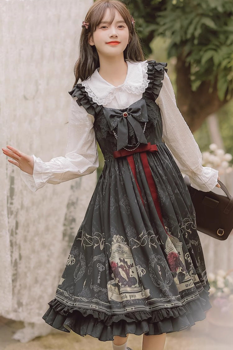Black Birdcage Rose Print Ruffle Bowknot Gothic Princess Lolita Dress - Product - 5